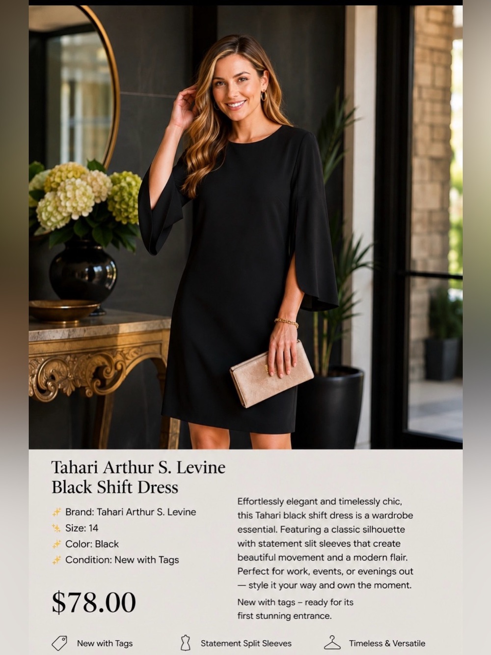Tahari ASL Black Shift Dress with Split Sleeves